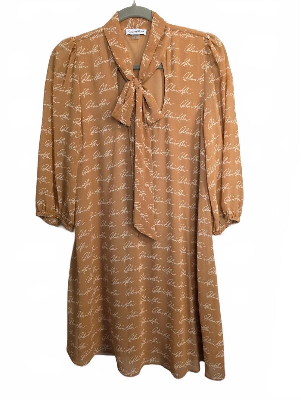 Calvin Klein tan tie neck dress Size 2 NWOT